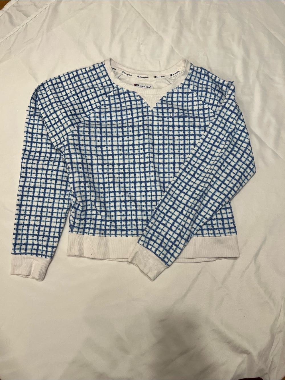 Champion White Crewneck Sweater with Blue Grid Pattern